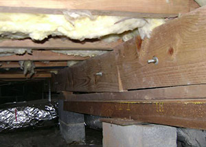 sagging crawl space with wooden shimming a Davis crawl space